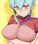  1girl bangs blue_hair blush breast_hold breasts cardfight!!_vanguard chinese_clothes crossed_arms gillian_chen hair_between_eyes hair_tubes hidaka_kazuma large_breasts long_hair looking_at_viewer smile solo tsurime upper_body yellow_eyes 