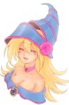  1girl blonde_hair breasts dark_magician_girl duel_monster female hat magical_girl simple_background smile solo white_background wizard_hat yu-gi-oh! 