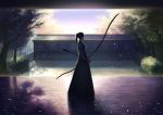  1girl archery arrow backlighting bad_id blurry bokeh bow_(weapon) depth_of_field hakama japanese_clothes kyuudou lor968 muneate original sky solo tree weapon wooden_floor yugake 