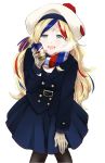  1girl :d belt belt_buckle beret blue_eyes blue_jacket blue_skirt buckle commandant_teste_(kantai_collection) double-breasted gold_buttons hat holding jacket kantai_collection looking_at_viewer morinaga_miki multicolored multicolored_clothes multicolored_hair multicolored_scarf open_mouth pantyhose pom_pom_(clothes) scarf skirt smile solo white_background 