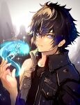  1boy black_hair black_jacket black_shirt blue_butterfly blue_eyes bug butterfly closed_mouth final_fantasy final_fantasy_xv hair_between_eyes highres hikari_kro jacket looking_at_viewer male_focus noctis_lucis_caelum pocket portrait shirt short_hair short_sleeves solo sparkle upper_body 