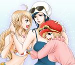  3girls :d ahoge angry bikini_top black_hair blonde_hair blouse blue_eyes breasts brown_eyes chikaburo cleavage dress female glasses goggles goggles_on_hat hand_on_another&#039;s_head hat hug jealous koala_(one_piece) large_breasts long_hair midriff multiple_girls nami_(one_piece) nico_robin one_eye_closed one_piece open_mouth short_hair smile sunglasses sunglasses_on_head yuri 