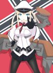  1girl black_gloves black_legwear blonde_hair blue_eyes breasts capelet eyebrows eyebrows_visible_through_hair flight_deck gloves graf_zeppelin_(kantai_collection) hat highres iron_cross kantai_collection large_breasts long_hair looking_at_viewer military military_hat military_uniform miniskirt necktie pantyhose peaked_cap pleated_skirt red_necktie robu_(ms08bb) sidelocks skirt twintails uniform 