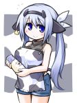  1girl animal_ears apron bare_shoulders blue_eyes blue_hair blush bottle breasts character_request cow_ears cow_horns cow_print denim denim_shorts horns kugelschreiber large_breasts long_hair looking_at_viewer milk_bottle shirt short_shorts shorts sleeveless sleeveless_shirt sleeveless_turtleneck smile solo turtleneck twintails ukagaka 