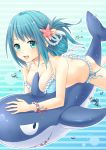  1girl air_bubble ass bikini blue_eyes blue_hair bubble butt_crack daidai_jamu folded_ponytail freediving highres inflatable_toy long_hair lying on_stomach original shark side_ponytail solo swimming swimsuit underwater 