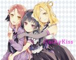  3girls bangs black_hair blonde_hair blush braid checkered checkered_background choker clenched_hand crown_braid elbow_gloves frills girl_sandwich gloves grin group_hug hair_ornament hair_rings hand_on_another&#039;s_head hug hug_from_behind long_hair long_sleeves looking_at_viewer love_live! love_live!_sunshine!! multiple_girls nakayama_miyuki ohara_mari one_eye_closed open_mouth puffy_short_sleeves puffy_sleeves red_eyes sakurauchi_riko sandwiched short_sleeves side_bun skirt sleeveless smile tsushima_yoshiko yellow_eyes 