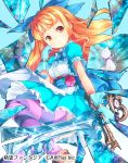  1girl :&lt; blonde_hair blue_bow blue_dress blue_eyes blue_gloves blush bow cat company_name copyright_request dress flower glass_shards gloves hair_bow highres holding holding_sword holding_weapon long_hair matsu_uni parted_lips puffy_short_sleeves puffy_sleeves red_rose reflection rose short_sleeves striped striped_legwear sword thigh-highs watermark weapon 