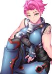  1girl fi-san fingerless_gloves gloves green_eyes highres overwatch pink_hair scar short_hair sleeveless smile solo tattoo transparent_background zarya_(overwatch) 