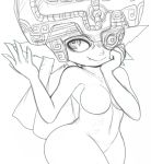  1girl breasts fang hat helmet imp long_hair mato_spectoru midna monochrome navel no_nipples one_eye_covered pointy_ears smile solo the_legend_of_zelda the_legend_of_zelda:_twilight_princess white_background wide_hips 