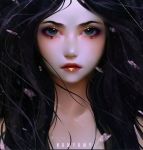  1girl artist_name black_hair blue_eyes brown_eyes closed_mouth expressionless eyeshadow long_hair looking_at_viewer makeup multicolored_eyes numyumy original portrait rain realism realistic red_lips solo upper_body water 