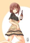  1girl alcohol bare_legs beer beer_bottle blush bottle breasts brown_eyes brown_hair closed_mouth from_behind holding kneepits looking_at_viewer looking_back original short_hair small_breasts smile solo yua_(checkmate) 