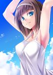 1girl arms_up blue_sky breasts clouds hairband imada_kozue original sky smile solo tank_top upper_body 
