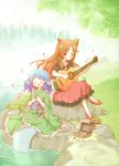 2girls animal_ears arinu bird blue_hair blush book book_stack brown_hair butterfly closed_eyes drill_hair green_kimono guitar hands_on_own_chest head_fins highres imaizumi_kagerou instrument japanese_clothes jewelry_box kimono legs_crossed long_hair mermaid monster_girl multiple_girls music obi open_mouth partially_submerged red_eyes red_shoes red_skirt rock sash shoes singing sitting_on_rock skirt smile stone touhou wakasagihime water wolf_ears 