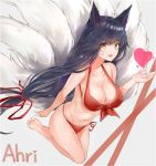  1girl :d ahri animal_ears barefoot bikini black_hair breasts character_name cleavage facial_mark fang fox_ears fox_tail front-tie_top heart highres large_breasts league_of_legends long_hair multiple_tails navel open_mouth red_bikini side-tie_bikini silver_(chenwen) sketch slit_pupils smile soles solo swimsuit tail toes whisker_markings yellow_eyes 