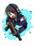  1girl absurdres acyo commentary fang glasses headphones highres internet_positif ipo-chan open_mouth red_eyes sharp_teeth short_hair smile solo teeth weapon 