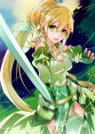  1girl adapted_costume alternate_costume blonde_hair breastplate green_eyes jianmo_sl leafa long_hair ponytail sword sword_art_online thigh-highs weapon 