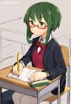  1girl blazer braid cardigan_vest chair desk dress_shirt glasses green_hair jacket kantai_collection notebook pencil pencil_case rimukoro school_desk shirt short_hair sitting solo takanami_(kantai_collection) taking_notes twitter_username uniform yellow_eyes 