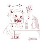  &gt;_&lt; 1girl artist_name bird blush bottle closed_eyes commentary_request covered_mouth horns ice ice_shaver kantai_collection long_hair mittens monochrome northern_ocean_hime penguin shaved_ice shinkaisei-kan solo spoon syrup table translation_request trembling twitter_username very_long_hair yamato_nadeshiko 