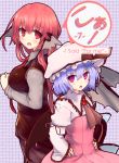  &gt;:o 2girls :d :o ascot back-to-back bat_wings blue_hair bow breasts brooch demon_wings hands_on_hips hat hat_bow head_wings jewelry koakuma looking_at_viewer mob_cap multiple_girls open_mouth pandamonium red_eyes redhead remilia_scarlet smile touhou wings 