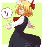  1girl ascot blonde_hair blouse blush bow closed_eyes dated fang hair_bow open_mouth outstretched_arms rumia short_hair skirt skirt_set smile solo speech_bubble tori_(otori) touhou twitter_username vest 