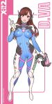  1girl bodysuit breasts brown_hair d.va_(overwatch) facial_mark full_body gun looking_at_viewer medium_breasts overwatch pilot_suit puffy_nipples skin_tight solo thick_thighs thighs weapon whisker_markings x-teal2 