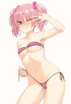  1girl bikini blush bow breasts earrings hair_bow idolmaster idolmaster_cinderella_girls jewelry jougasaki_mika mikazuchi_zeus nail_polish navel o-ring_top one_eye_closed pink_hair short_twintails side-tie_bikini smile solo string_bikini swimsuit twintails untied untied_bikini v v_over_eye yellow_eyes 