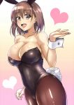  1girl :d animal_ears bare_shoulders black_legwear blush breasts brown_eyes brown_hair bunny_girl bunny_tail bunnysuit cleavage collarbone covered_navel cowboy_shot fake_animal_ears heart heart_background highres large_breasts leotard looking_at_viewer open_mouth original pantyhose rabbit_ears satorisu sleeveless smile solo tail wrist_cuffs 