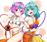  2girls :d alternate_costume armlet bare_shoulders blush breasts choker cleavage collarbone cowboy_shot dancer dragon_quest dragon_quest_iv eyeball green_eyes green_hair groin headgear heart highres hitotsuki_nebura indian_clothes komeiji_koishi komeiji_satori large_breasts locked_arms looking_at_another looking_at_viewer looking_down manya manya_(cosplay) minea minea_(cosplay) multiple_girls navel nose_blush open_mouth pelvic_curtain purple_hair revealing_clothes siblings sisters small_breasts smile thighs third_eye touhou violet_eyes 