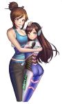  2girls ass bangs beads blue_eyes bodysuit breasts brown_hair casual cleavage collarbone corgi_(artist) cowboy_shot d.va_(overwatch) facial_mark gloves green_eyes hair_bun hair_ornament hair_stick hairpin hand_on_another&#039;s_head headphones height_difference highres hug large_breasts light_smile lips long_hair looking_at_viewer mei_(overwatch) multiple_girls no_glasses overwatch parted_lips pilot_suit simple_background skin_tight smile swept_bangs symbol-shaped_pupils tank_top whisker_markings white_background white_gloves 
