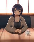  1girl :d akatsuki_(kantai_collection) black_hair black_shirt blue_eyes breasts brown_jacket cleavage coffee coffee_cup collarbone commentary_request cup disposable_cup head_tilt jacket jewelry kantai_collection large_breasts light_blush long_hair looking_at_viewer maku_ro older open_mouth pov ring saucer shirt sitting smile solo table wedding_band 