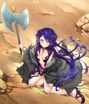  1girl absurdres anklet bangle black_bow bow bracelet breasts breasts_apart cloak closed_mouth from_above full_body hair_bow hand_on_own_knee highres holding_axe jewelry long_hair looking_at_viewer masami_(souzou_jinsei_sanka) navel on_ground original pointy_ears purple_hair sandals sitting smile solo two_side_up very_long_hair yellow_eyes 