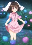  1girl animal_ears black_hair blush carrot carrot_necklace dress dress_lift flower hydrangea inaba_tewi jewelry lifted_by_self looking_at_viewer necklace outdoors pink_dress puffy_short_sleeves puffy_sleeves rabbit_ears red_eyes short_hair short_sleeves smile solo standing touhou unushi wading water 