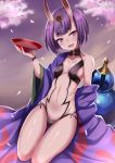  1girl :d cherry_blossoms fangs fate/grand_order fate_(series) gourd harimoji horns japanese_clothes kimono looking_at_viewer navel oni oni_horns open_mouth purple_hair sakazuki short_hair shuten_douji_(fate/grand_order) smile solo violet_eyes 