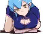  1girl :o blue_hair breasts cardfight!!_vanguard cleavage_cutout crossed_arms dress gillian_chen hair_ornament hidaka_kazuma large_breasts long_hair looking_at_viewer lying on_stomach solo top-down_bottom-up tsurime yellow_eyes 