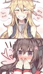 !! 2girls 2koma bare_shoulders blonde_hair blush brown_hair closed_eyes comic commentary covering_mouth english flower grin hair_flower hair_ornament hand_over_own_mouth hands_over_mouth heart highres iowa_(kantai_collection) kantai_collection kvlen long_hair multiple_girls smile tears violet_eyes yamato_(kantai_collection) yuri 
