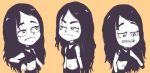  1girl black_hair character_sheet conoghi female long_hair monochrome open_mouth paige_(camp_wwe) shiny shiny_hair simple_background solo tagme 