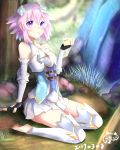  1girl bare_shoulders d-pad eating food four_goddesses_online:_cyber_dimension_neptune hair_ornament highres neptune_(choujigen_game_neptune) neptune_(series) pudding short_hair spoon_in_mouth thighs violet_eyes 