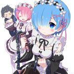  1boy 2girls black_dress black_hair blue_eyes blue_hair blush breasts closed_eyes commentary_request detached_sleeves dress flail frills hair_ornament hair_over_one_eye kingin looking_at_viewer maid maid_headdress morning_star multiple_girls natsuki_subaru pink_hair ram_(re:zero) re:zero_kara_hajimeru_isekai_seikatsu rem_(re:zero) ribbon short_hair siblings sisters small_breasts smile thigh-highs twins weapon white_legwear x_hair_ornament 