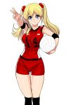  1girl black_legwear blonde_hair blue_eyes breasts freckles kneehighs long_hair looking_at_viewer masao original shorts simple_background solo sportswear twintails v volleyball volleyball_uniform white_background 
