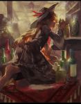  1girl barefoot black_skirt blonde_hair blurry bottle closed_eyes depth_of_field dolls_in_pseudo_paradise feathers from_side hat hat_feather highres indoors letterboxed long_hair long_sleeves nazoko profile red_eyes shelf silhouette skirt skirt_set solo_focus tassel touhou wide_sleeves 