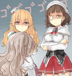  3girls azuhira blonde_hair breasts brown_eyes brown_hair capelet commentary_request crossed_arms from_behind frown glaring glasses hat kantai_collection kneeling long_hair looking_down miniskirt multiple_girls pince-nez pleated_skirt pola_(kantai_collection) red_skirt roma_(kantai_collection) shaded_face skirt sweat twitter_username wavy_hair zara_(kantai_collection) 