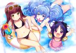  3girls :3 ahoge animal_ears arms_up ass bikini black_bikini blue_eyes blue_hair blush brown_hair drinking_straw fangs floater flower from_above glass glasses hair_ribbon haruta_(806060) heart-shaped_glasses innertube long_hair looking_at_viewer looking_up mouth_hold multiple_girls navel one-piece_swimsuit open_mouth original pink_swimsuit popsicle purple_hair red_eyes ribbon smile straw sunglasses sunglasses_on_head swimsuit tail wading water water_wings white_swimsuit yellow_eyes 