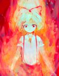  1girl alternate_hair_length alternate_hairstyle anabone bow burning fire fujiwara_no_mokou hair_bow hair_ribbon long_sleeves outstretched_arms pants red_eyes ribbon shirt short_hair sketch smile solo spread_arms suspenders torn_clothes touhou white_hair white_shirt 