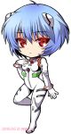  1girl :| ahoge artist_name ayanami_rei bangs blue_hair bodysuit bracer breasts chibi colored_eyelashes dated expressionless eyebrows eyebrows_visible_through_hair from_side full_body gloves hair_between_eyes hand_on_own_chest headgear leg_lift looking_at_viewer makokb neon_genesis_evangelion number pilot_suit plugsuit red_eyes small_breasts solo standing standing_on_one_leg transparent_background turtleneck 