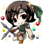  1girl armor belt brown_gloves chibi crop_top final_fantasy final_fantasy_vii forehead_protector full_body gloves grin highres kneeling makokb ninja ribbed_sweater short_shorts shorts smile solo sparkle sweater weapon yuffie_kisaragi 