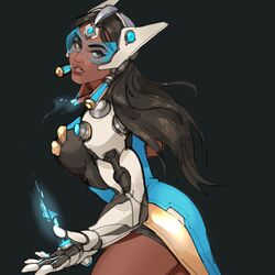  1girl back black_hair breasts brown_hair cyborg dark_skin fighting_stance forehead_jewel gloves green_background headgear lips long_hair mechanical_arm open_mouth overwatch pydiyudie simple_background solo symmetra_(overwatch) teeth very_dark_skin visor 