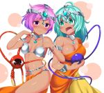  2girls :d alternate_costume alternate_skin_color armlet bare_shoulders blush breasts choker cleavage collarbone cowboy_shot dancer dark_skin dragon_quest dragon_quest_iv eyeball green_eyes green_hair groin headgear heart highres hitotsuki_nebura indian_clothes komeiji_koishi komeiji_satori large_breasts locked_arms looking_at_another looking_at_viewer looking_down manya manya_(cosplay) minea minea_(cosplay) multiple_girls navel nose_blush open_mouth pelvic_curtain purple_hair revealing_clothes siblings sisters small_breasts smile thighs third_eye touhou violet_eyes 