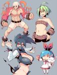  1boy 3girls ahoge bandage belt beltbra bike_shorts black_hair black_shorts blank_eyes blue_background blue_hair bracelet breasts cellphone chibi crop_top cropped_legs disgaea dress female_warrior_(disgaea) fighting_stance green_eyes green_hair hair_ribbon hairband hand_on_hip hands_on_hip jewelry kunoichi_(disgaea) large_breasts long_hair mask multiple_girls ninja open_mouth phone pink_dress pleinair pointy_ears red_eyes ribbon short_hair shorts simple_background sinner_(disgaea) smartphone smile spiky_hair standing stuffed_animal stuffed_bunny stuffed_toy sweat topless v white_hair zako_(arvinry) 