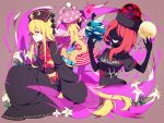  3girls american_flag_dress black_dress black_shirt blonde_hair chinese_clothes clothes_writing clownpiece dress earth_(ornament) faceless faceless_female fairy_wings flower gla grin hat hecatia_lapislazuli highres jester_cap junko_(touhou) long_hair long_sleeves looking_at_viewer moon_(ornament) multiple_girls polka_dot polos_crown profile red_eyes redhead shirt short_dress simple_background sitting smile star striped t-shirt tabard touhou wide_sleeves wings 