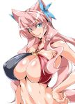  1girl bare_shoulders blue_eyes breasts butterfly_hair_ornament erect_nipples hair_ornament hand_on_hip huge_breasts kanten long_hair looking_at_viewer maria_cadenzavna_eve o-ring_bikini pink_hair senki_zesshou_symphogear simple_background skindentation solo swimsuit very_long_hair white_background 